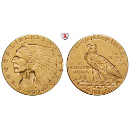 USA, 2 1/2 Dollars 1909, 3,76 g fein, ss-vz