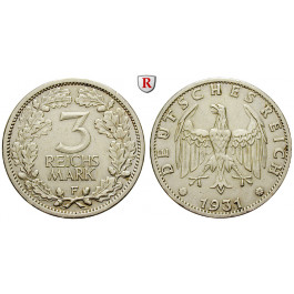 Weimarer Republik, 3 Reichsmark 1931, Kursmünze, F, ss+, J. 349