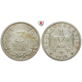 Weimarer Republik, 3 Reichsmark 1932, Kursmünze, G, vz+, J. 349