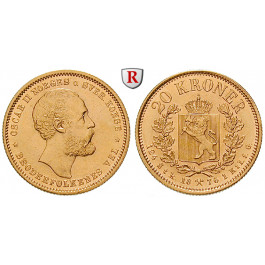 Norwegen, Oskar II., 20 Kroner 1876, 8,06 g fein, f.st