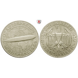 Weimarer Republik, 5 Reichsmark 1930, Zeppelin, F, vz+, J. 343