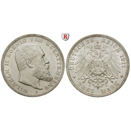 Deutsches Kaiserreich, Württemberg, Wilhelm II., 3 Mark 1911, F, vz, J. 175