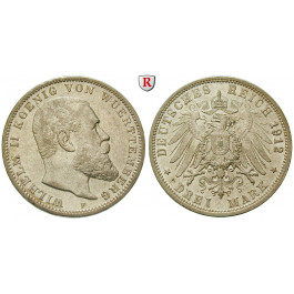Deutsches Kaiserreich, Württemberg, Wilhelm II., 3 Mark 1912, F, vz, J. 175