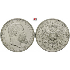 Deutsches Kaiserreich, Württemberg, Wilhelm II., 5 Mark 1907, F, ss+, J. 176