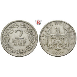 Weimarer Republik, 2 Reichsmark 1931, Kursmünze, F, ss-vz, J. 320