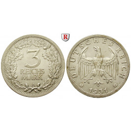 Weimarer Republik, 3 Reichsmark 1931, Kursmünze, A, vz-st, J. 349