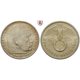 Drittes Reich, 5 Reichsmark 1936, Hindenburg mit Hakenkreuz, A, vz-st, J. 367