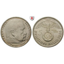 Drittes Reich, 5 Reichsmark 1936, Hindenburg mit Hakenkreuz, D, vz-st, J. 367