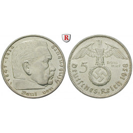 Drittes Reich, 5 Reichsmark 1938, Hindenburg mit Hakenkreuz, F, vz, J. 367