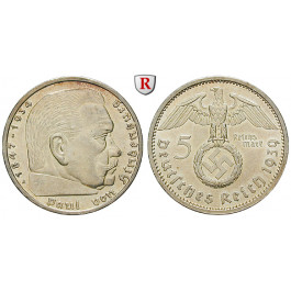 Drittes Reich, 5 Reichsmark 1939, Hindenburg mit Hakenkreuz, A, vz, J. 367