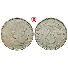 Drittes Reich, 2 Reichsmark 1936, Hindenburg mit Hakenkreuz, D, ss, J. 366