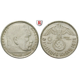 Drittes Reich, 2 Reichsmark 1938, Hindenburg mit Hakenkreuz, B, vz, J. 366