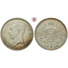 Belgien, Königreich, Albert I., 20 Francs 1933, ss