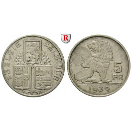 Belgien, Königreich, Leopold III., 5 Francs 1939, ss+