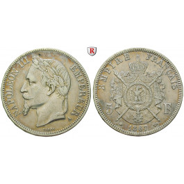 Frankreich, Napoleon III., 5 Francs 1867, ss
