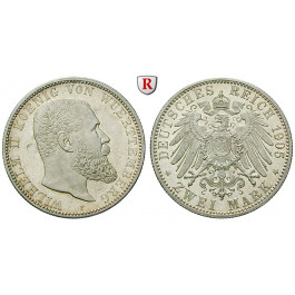 Deutsches Kaiserreich, Württemberg, Wilhelm II., 2 Mark 1905, F, PP, J. 174
