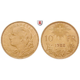 Schweiz, Eidgenossenschaft, 10 Franken 1922, 2,9 g fein, vz