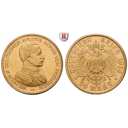 Deutsches Kaiserreich, Preussen, Wilhelm II., 20 Mark 1914, Kaiser in Uniform, A, f.vz, J. 253