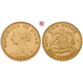 Chile, Republik, 100 Pesos 1947, 18,35 g fein, ss+