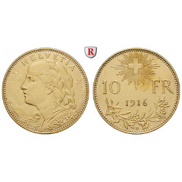 Schweiz, Eidgenossenschaft, 10 Franken 1916, 2,9 g fein, vz