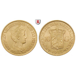 Niederlande, Königreich, Wilhelmina I., 10 Gulden 1913, 6,06 g fein, f.st