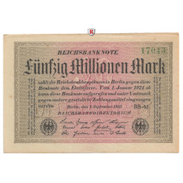 Inflation 1919-1924, 50 Mio Mark 01.09.1923, I-, Rb. 108i