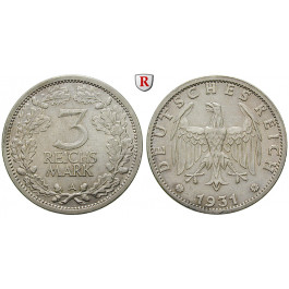 Weimarer Republik, 3 Reichsmark 1931, Kursmünze, A, f.vz, J. 349
