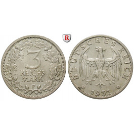 Weimarer Republik, 3 Reichsmark 1932, Kursmünze, F, vz, J. 349