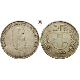 Schweiz, Eidgenossenschaft, 5 Franken 1922, ss