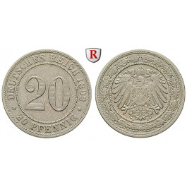 Deutsches Kaiserreich, 20 Pfennig 1892, A, ss+, J. 14