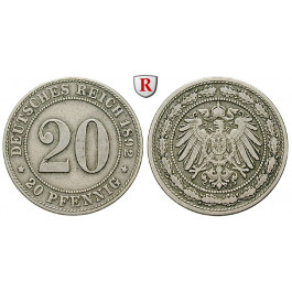 Deutsches Kaiserreich, 20 Pfennig 1892, J, ss, J. 14