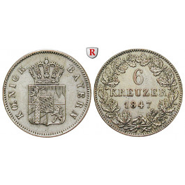Bayern, Königreich, Ludwig I., 6 Kreuzer 1847, vz+