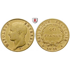 Frankreich, Napoleon I. (Kaiser), 40 Francs 1805 (AN 14), 11,61 g fein, ss
