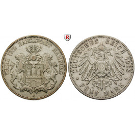 Deutsches Kaiserreich, Hamburg, 5 Mark 1908, J, ss+, J. 65
