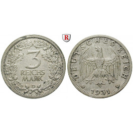 Weimarer Republik, 3 Reichsmark 1931, Kursmünze, D, vz, J. 349