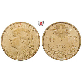 Schweiz, Eidgenossenschaft, 10 Franken 1914, 2,9 g fein, ss/vz