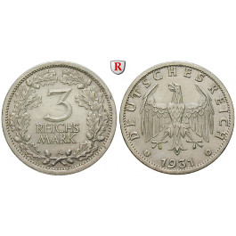 Weimarer Republik, 3 Reichsmark 1931, Kursmünze, A, vz/vz-st, J. 349