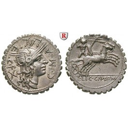 Römische Republik, L. Licinius Crassus und Cn. Domitius Ahenobarbus, Denar, serratus 118 v.Chr., f.vz