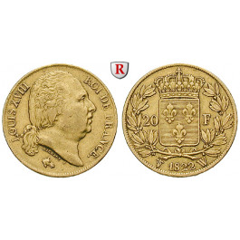 Frankreich, Louis XVIII., 20 Francs 1822, 5,81 g fein, ss+