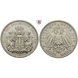 Deutsches Kaiserreich, Hamburg, 3 Mark 1908, J, vz, J. 64