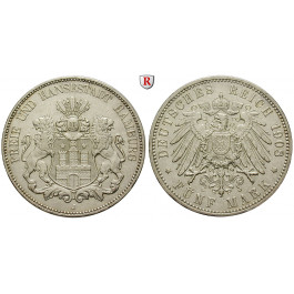 Deutsches Kaiserreich, Hamburg, 5 Mark 1908, J, f.vz, J. 65