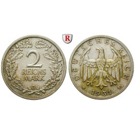 Weimarer Republik, 2 Reichsmark 1931, Kursmünze, D, ss-vz, J. 320
