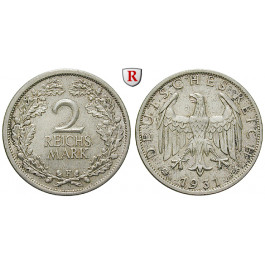 Weimarer Republik, 2 Reichsmark 1931, Kursmünze, F, vz, J. 320