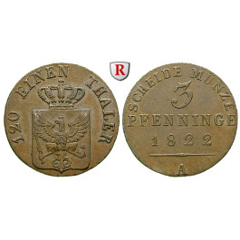 Brandenburg-Preussen, Königreich Preussen, Friedrich Wilhelm III., 3 Pfennig 1822, vz