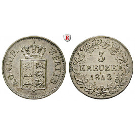 Württemberg, Herzogtum Württemberg (Kgr. ab 1806), Wilhelm I., 3 Kreuzer 1843, ss-vz
