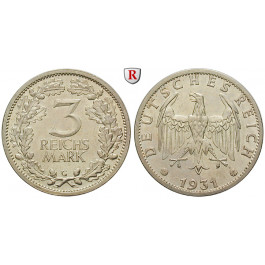 Weimarer Republik, 3 Reichsmark 1931, Kursmünze, G, vz, J. 349