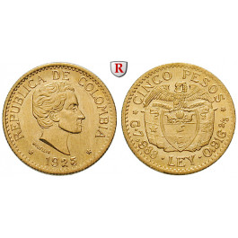 Kolumbien, Republik, 5 Pesos 1925, 7,32 g fein, vz/vz-st