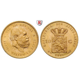 Niederlande, Königreich, Willem III., 10 Gulden 1877, 6,06 g fein, vz-st