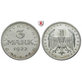 Weimarer Republik, 3 Mark 1922, mit Umschrift, E, PP, J. 303