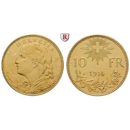Schweiz, Eidgenossenschaft, 10 Franken 1914, 2,9 g fein, vz